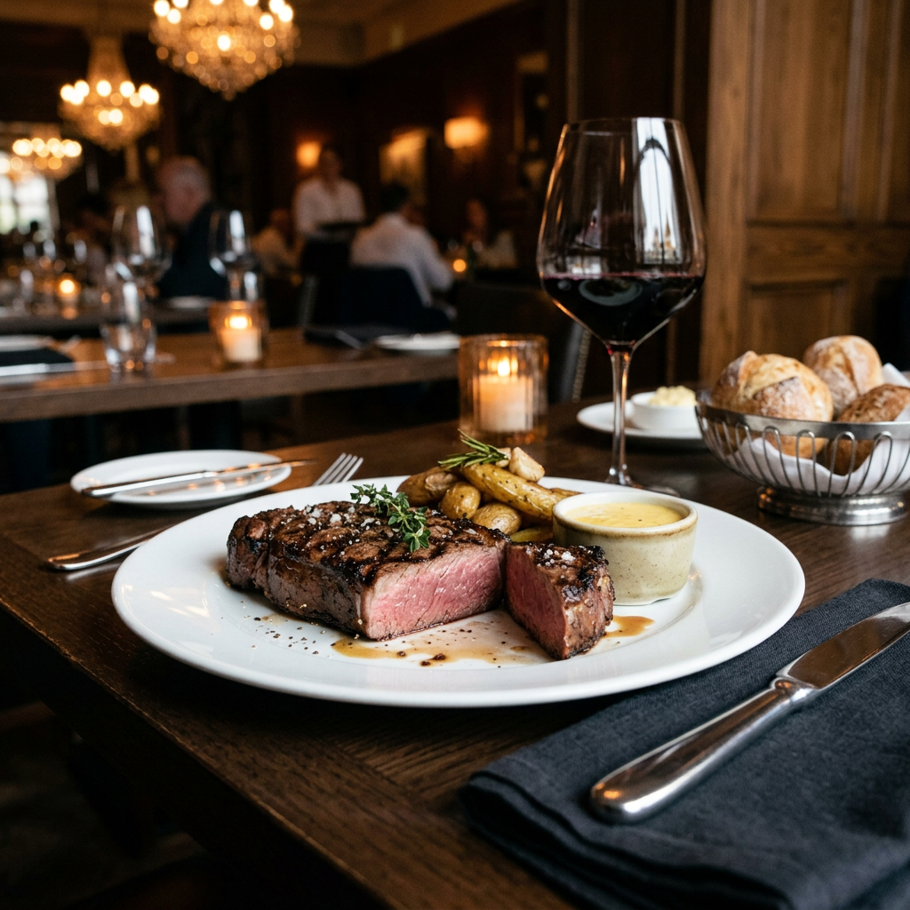 Medium rare grilled steak with potatoes, sauce, bread basket, and red wine glass on a restaurant table