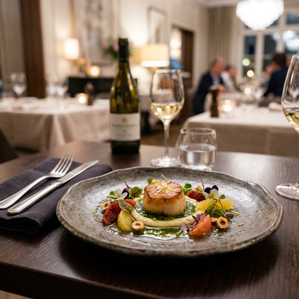 Seared scallop on a plate with garnishes accompanied by a glass of white wine and a bottle in a fine dining setting