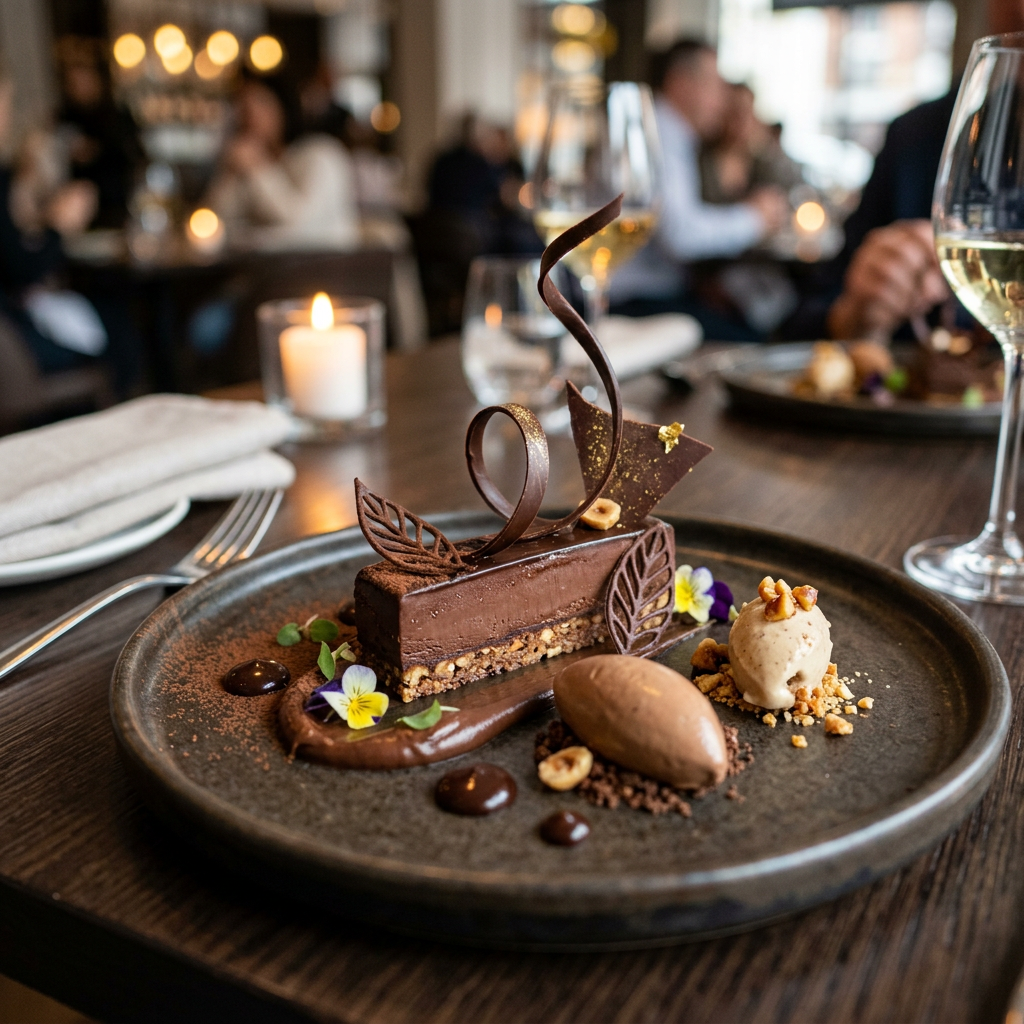 Rectangular chocolate dessert with chocolate decorations, two scoops of ice cream, garnished with edible flowers and nuts